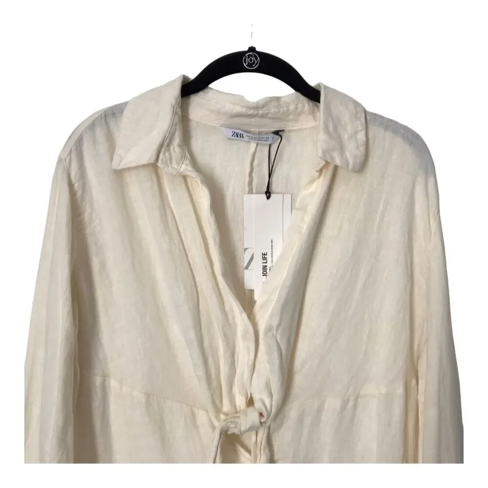 Zara Romper Size XS Tied 100% Linen Oyster White Long Sleeve V-Neck Jumpsuit